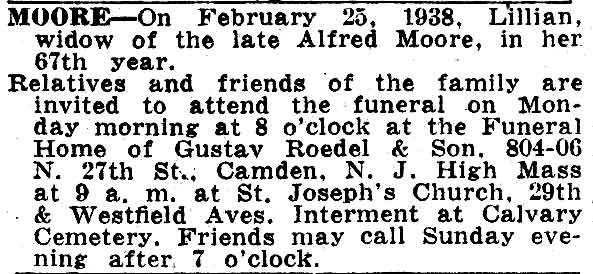 Moore death notice, Camden Courier-Post February 26, 1938