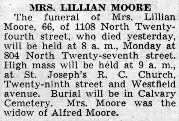 Mrs. Lillian Moore funeral notice, 1108 North 24th Street, Camden Courier-Post February 26, 1938