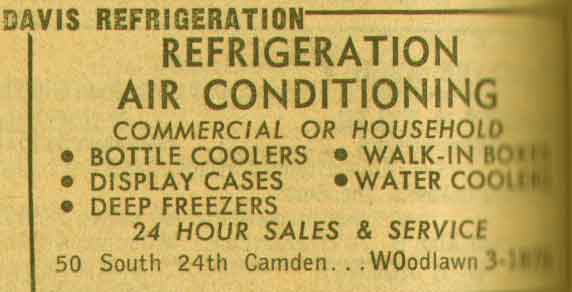 Davis Refrigeration advertisement, 50 South 24th Street, New Jersey Bell Yellow Pages 1955