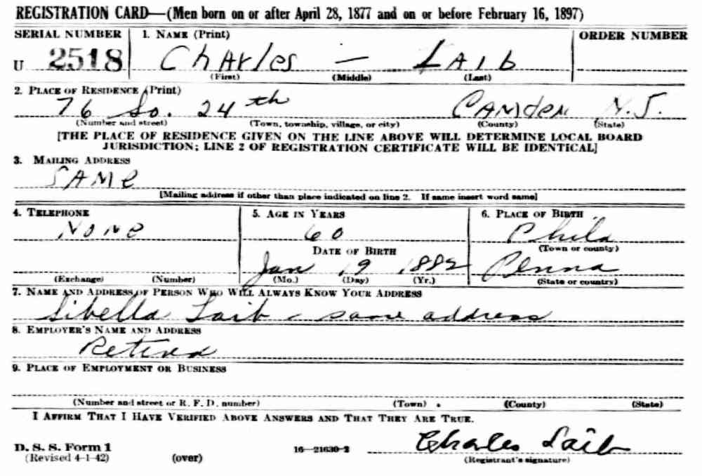 Charles Laib World War II draft card, 76 South 24th Street