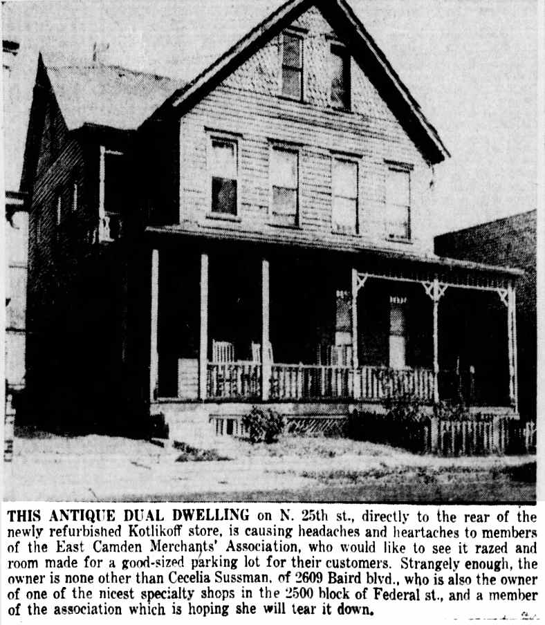 14–16 North 25th Street, Cecelia Sussman, Camden Courier-Post, August 20, 1954