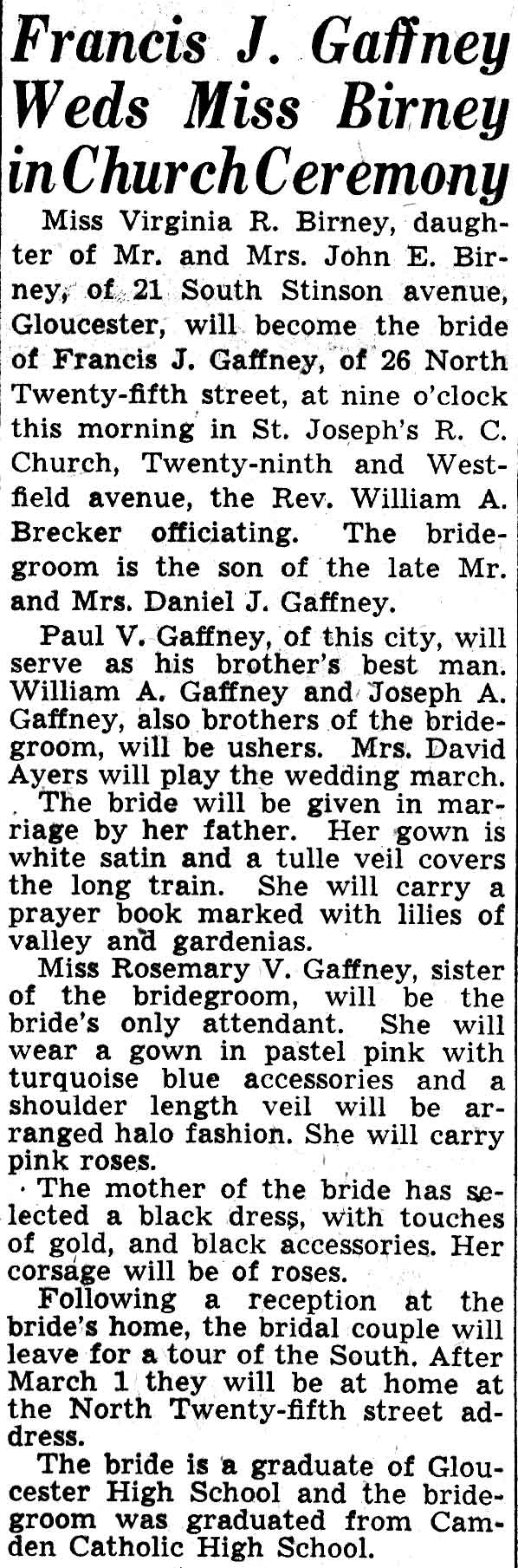 26 North 25th Street, Francis J. Gaffney, Camden Courier-Post, February 19, 1938