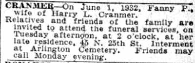 45 North 25th Street, Harry L. Cranmer obituary, Camden Courier-Post, June 6, 1932
