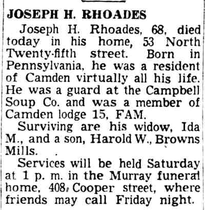 53 North 25th Street, Joseph H. Rhoades and Family, Camden Courier-Post, May 4, 1950