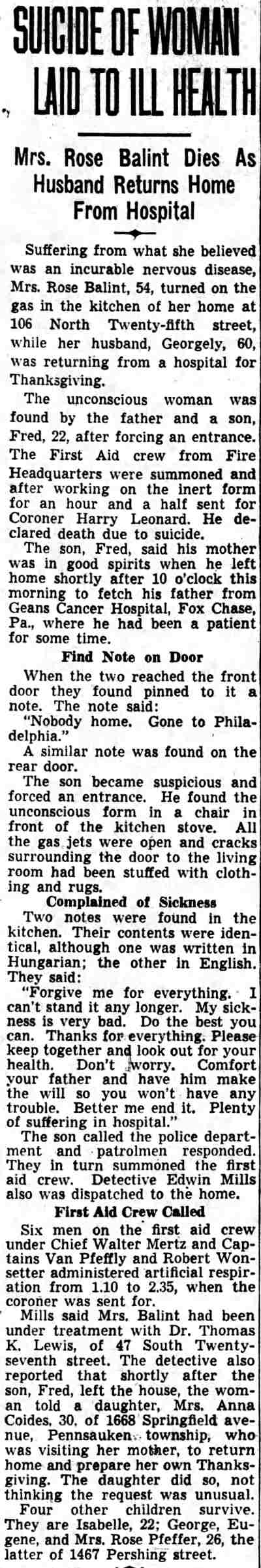 106 North 25th Street, Gergely Balint and Family, 1921–1948, Camden Courier-Post, November 21, 1940