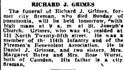 111 North 25th Street, Richard J. Grimes, Camden Fire Department, December 14, 1932