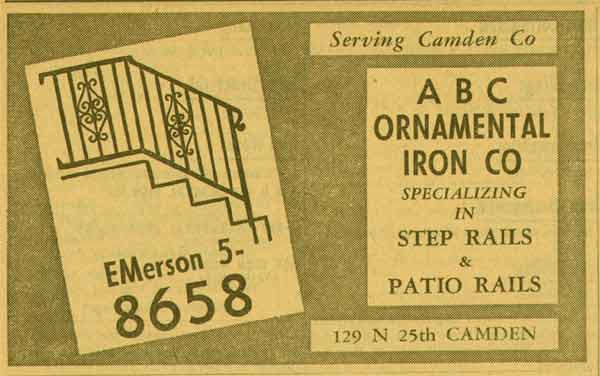 129 North 25th Street, ABC Ornamental Iron Company, 1955 New Jersey Bell Yellow Pages Ad