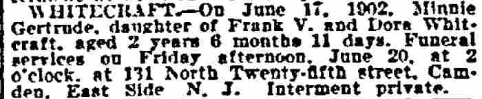 131 North 25th Street, Frank V. Whitecraft and Family, Philadelphia Inquirer, June 19, 1902