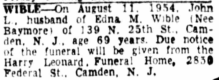 139 North 25th Street, John L. Wible and Family, Camden Courier-Post, August 12, 1954