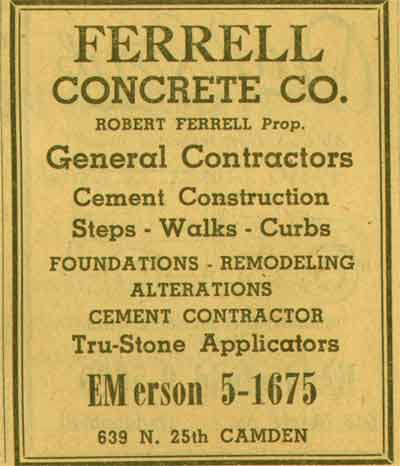 639 North 25th Street, Ferrell Concrete Company, 1955 New Jersey Bell Yellow Pages Ad