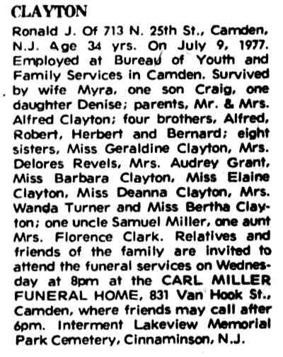 713 North 25th Street, Ronald J. Clayton and Family, Camden Courier-Post, July 12, 1977