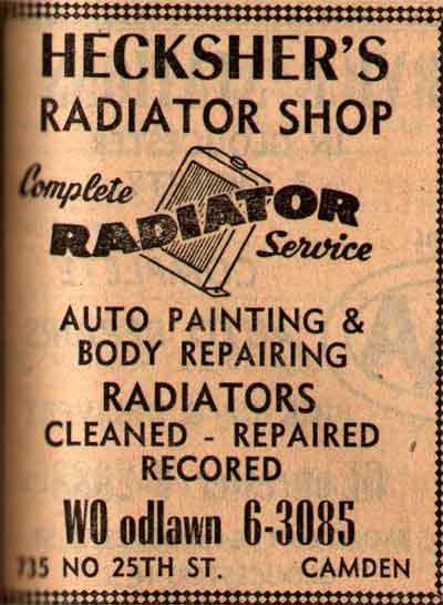 735 North 25th Street, Hecksher's Radiator Shop, 1955 New Jersey Bell Yellow Pages Ad
