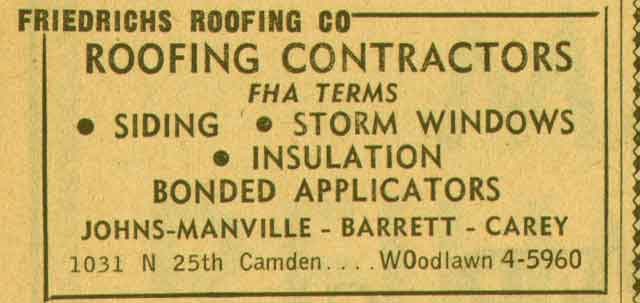 Friedrichs Roofing Company, 1031 North 25th Street, 1955 New Jersey Bell Yellow Pages Ad