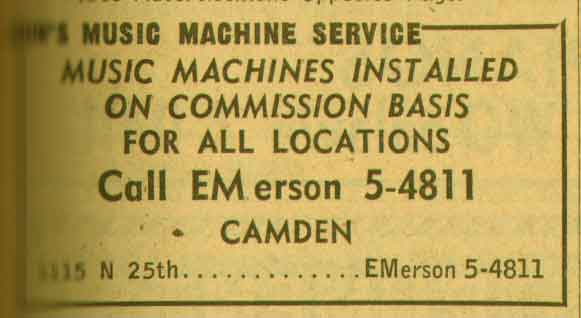1115 North 25th Street, John's Music Machine Service, 1955 New Jersey Bell Yellow Pages Ad