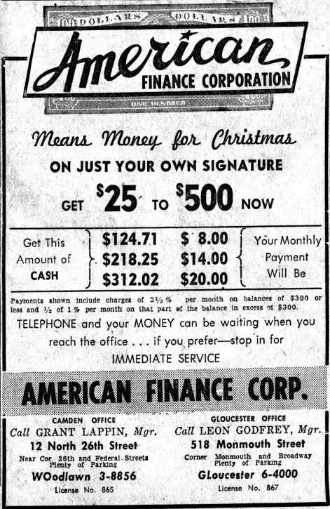 12 North 26th Street — American Finance Corporation, Camden Courier-Post, November 25, 1955