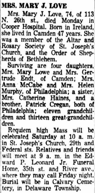 113 North 26th Street — Mrs. Mary J. Love, Camden Courier-Post, January 8, 1958
