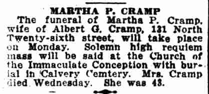 131 North 26th Street — Martha P. Cramp funeral notice, Camden Post-Telegram, December 17, 1926