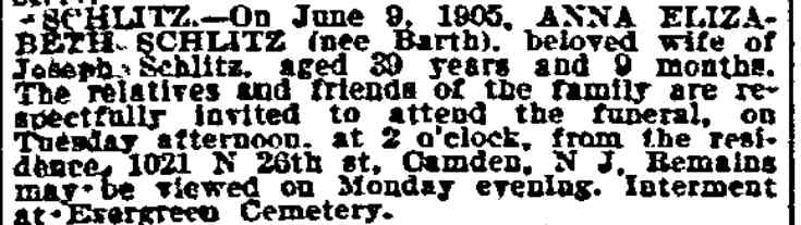 1021 North 26th Street — Joseph Schlitz, Philadelphia Inquirer, June 13, 1905