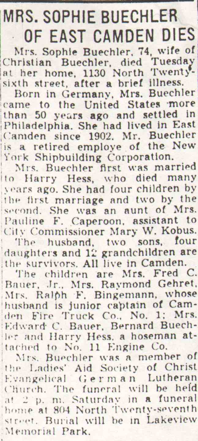 Christian Buechler Family, 1043 North 26th Street, Camden Courier-Post, May 30, 1940
