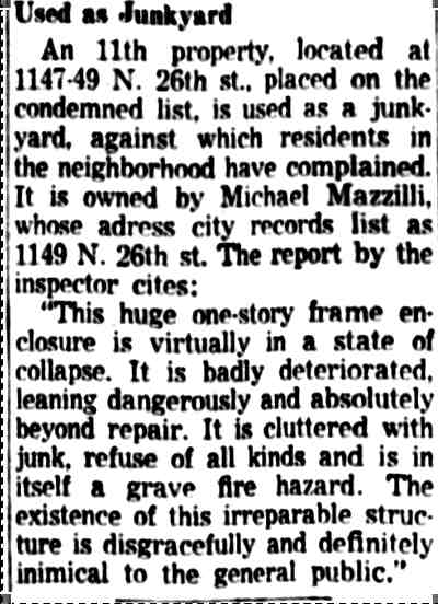 1149 North 26th Street — Michael Mazzilli, Camden Courier-Post, June 1, 1954
