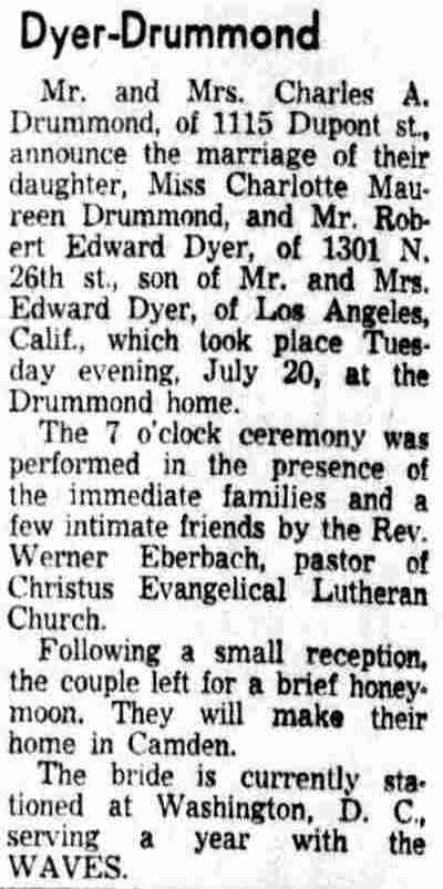 1301 North 26th Street — Robert Edward Dyer, Camden Courier-Post, July 29, 1954