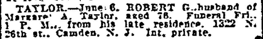 1322 North 26th Street — Robert G. Taylor, Philadelphia Inquirer, June 7, 1922