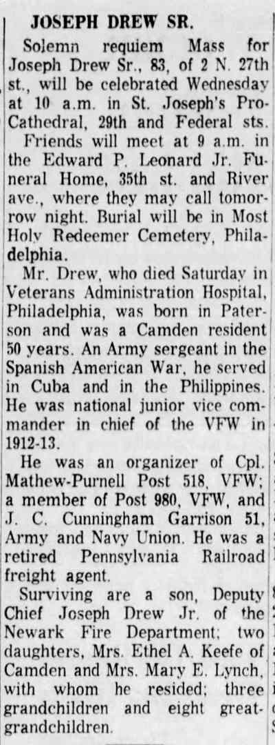 Joseph Drew Sr. - Camden Courier-Post, September 14, 1964