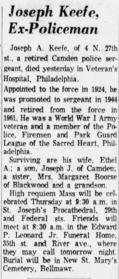 Joseph Keefe, Ex-Policeman - Camden Courier-Post, March 23, 1965