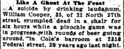 Camden Daily Courier 1926 recap of William Cooper's 1906 suicide in Cole's barroom, noting the incorrect street address