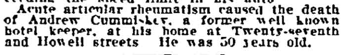Former Hotel Keeper Dies at Twenty-seventh and Howell Streets - Philadelphia Inquirer, May 15, 1916