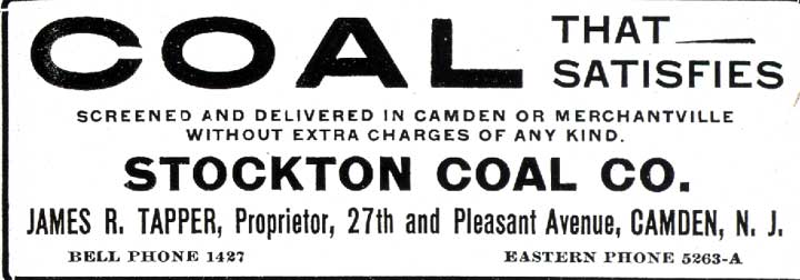 Stockton Coal Co. advertisement, 1913 Camden City Directory — James R. Tapper, Proprietor, 27th and Pleasant Avenue, Camden, N.J.