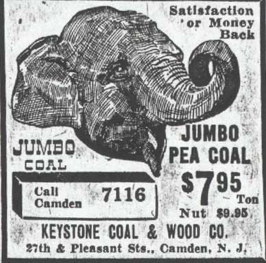 Keystone Coal & Wood Co. advertisement — Jumbo Pea Coal $7.95 ton, Satisfaction or Money Back, 27th & Pleasant Sts., Camden, N.J., January 1938