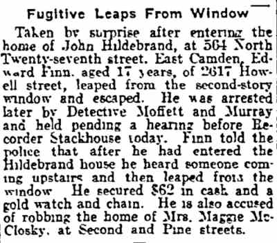 Fugitive Leaps From Window — Edward Finn, 2617 Howell Street, 1915