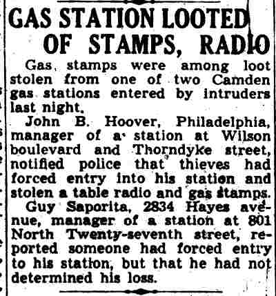 Camden Courier-Post article about gas station robbery at 801 North 27th Street, manager Guy Saporita of 2834 Hayes Avenue, October 26, 1944