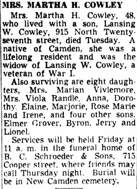 Mrs. Martha H. Cowley - Camden Courier-Post, September 26, 1951