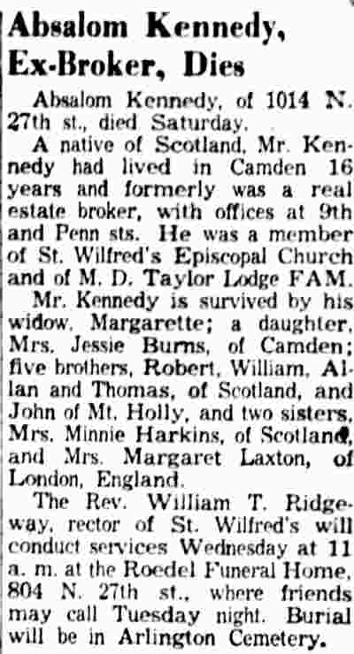 Absalom Kennedy, Ex-Broker, Dies - Camden Courier-Post, February 28, 1955