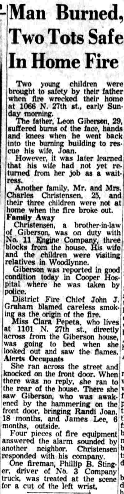 Man Burned, Two Tots Safe In Home Fire - Camden Courier-Post, June 23, 1958