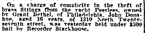 Boy Held in Theft from Yacht Peerless - Philadelphia Inquirer, August 15, 1916