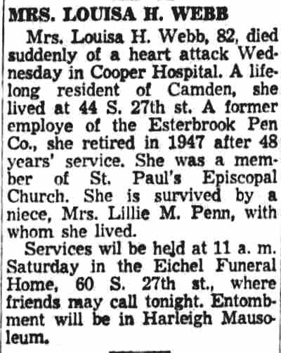 Mrs. Louisa H. Webb - Camden Courier-Post, March 29, 1957