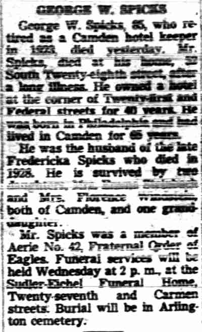 Camden Courier-Post clipping, January 6, 1947, obituary for George W. Spicks of 52 South 28th Street