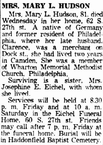 Mrs. Mary L. Hudson - Camden Courier-Post, February 19, 1959