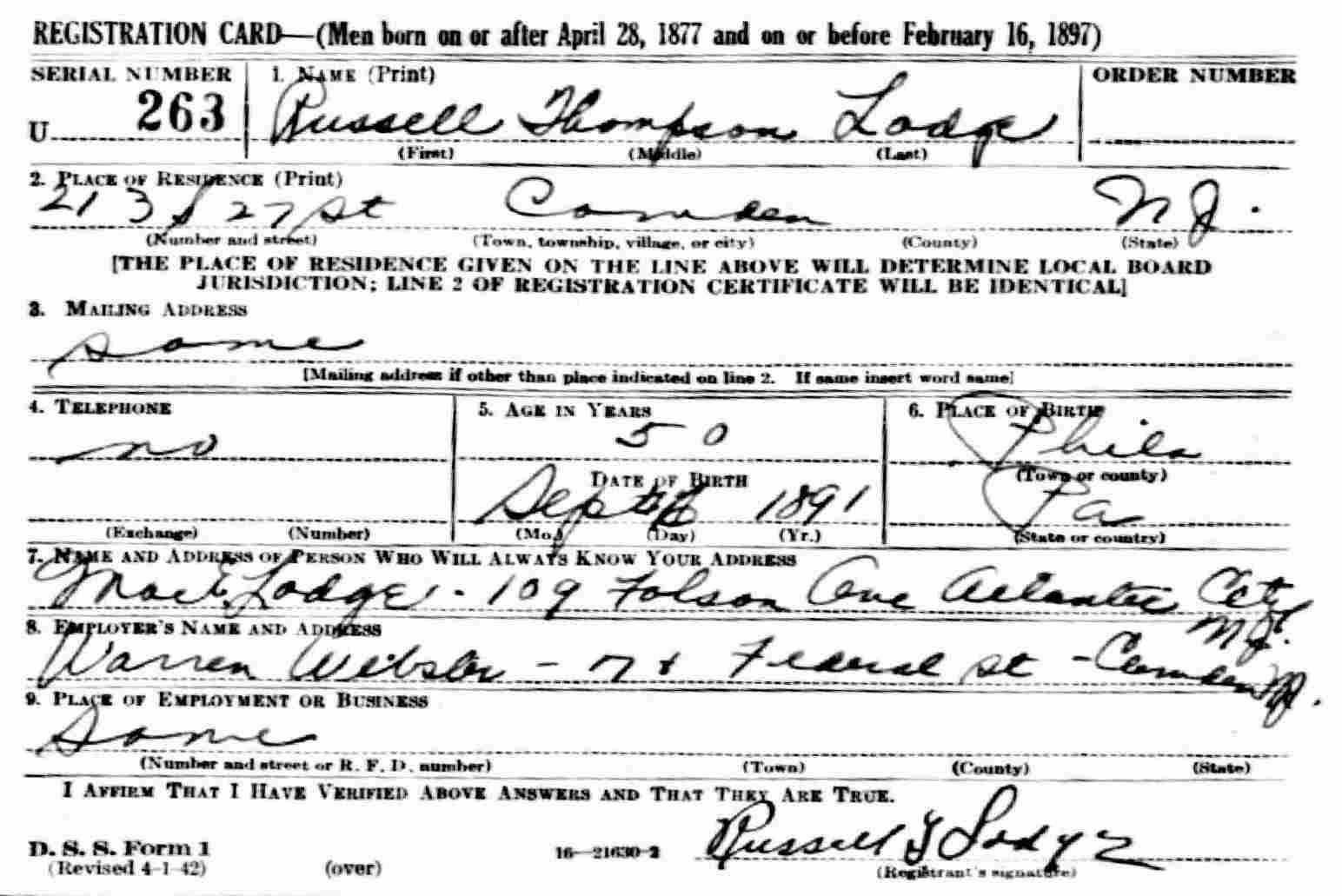 213 South 27th Street — Russell T. Lodge, WWII memorial card