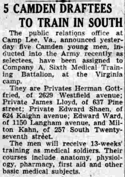 Newspaper clipping: 5 Camden Draftees to Train in South, July 26, 1941