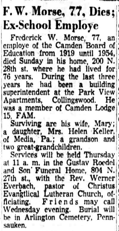 Camden Courier-Post clipping, June 3, 1957, obituary for Frederick W. Morse of 200 North 28th Street