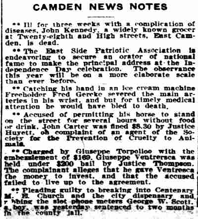 Camden Post-Telegram clipping, March 12, 1910, reporting the death of John Kennedy, grocer at Twenty-eighth and High Streets