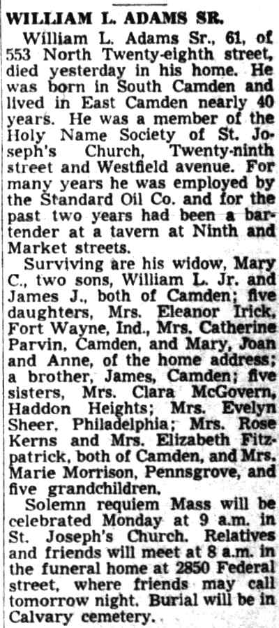 Camden Courier-Post clipping, July 9, 1949, obituary for William L. Adams Sr. of 553 North 28th Street