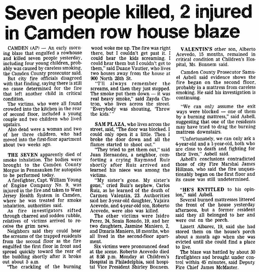 Trenton Evening Times clipping, April 21, 1987, reporting the fire at 900 North 28th Street that killed seven people
