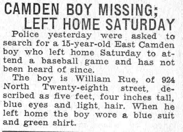 Camden Courier-Post clipping, June 7, 1932, reporting William Rue of 924 North 28th Street as missing