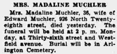Camden Courier-Post clipping, April 23, 1937, obituary for Mrs. Madaline Muchler of 926 North 28th Street