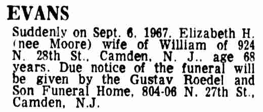Death notice for Elizabeth H. Evans, Camden Courier-Post, September 7, 1967
